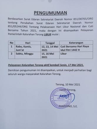 Pengumuman Hari Libur Nasional dan Cuti Bersama tahun 2021 Pelayanan Pemerintah Kalurahan Terong